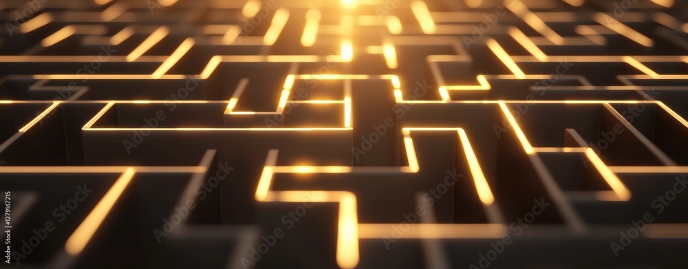 Poster a maze illuminated by warm light, showcasing intricate pathways and a sense of depth, inviting explo