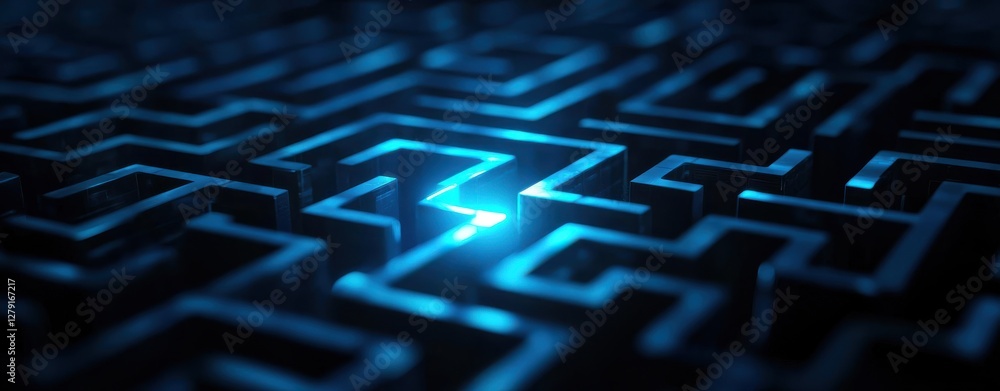 Poster a close-up of a glowing blue maze, showcasing intricate pathways and illuminated sections, creating 