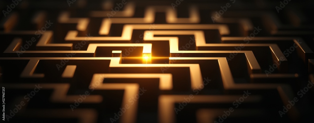 Aufkleber a close-up view of a metallic maze, illuminated by a central golden light, creating a captivating in