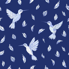 Vector seamless pattern with hummingbird and floral elements. Decoration print for wrapping, wallpaper, fabric. Seamless vector texture. 