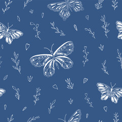 Seamless vector pattern with butterfly and floral elements. Decoration print for wrapping, wallpaper, fabric, textile. 