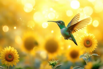 Obraz premium A vibrant hummingbird in flight, wings spread wide, amidst a field of radiant sunflowers bathed in golden sunlight.