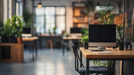 Fototapeta premium Modern Office Workspace with Plants and Computer