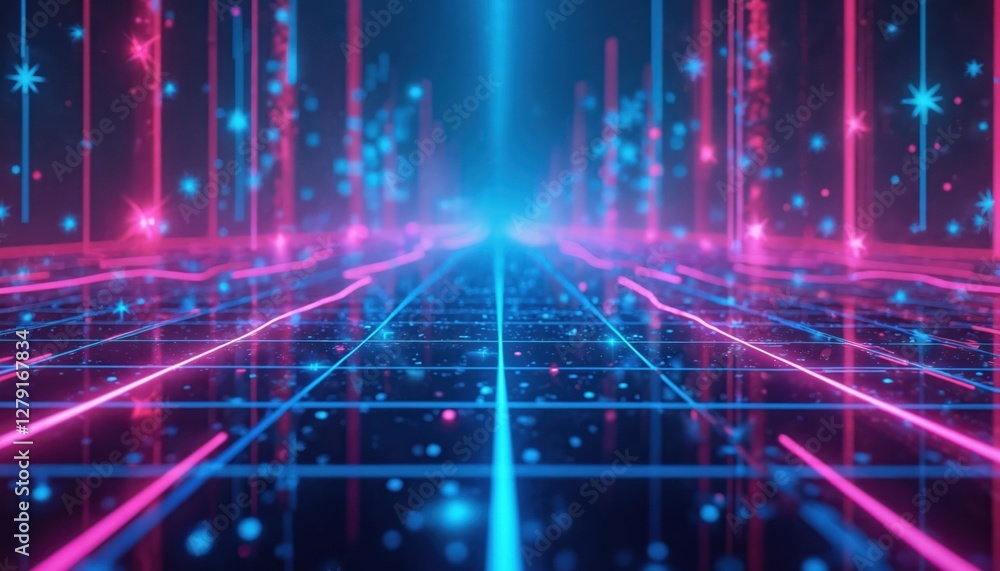 Poster neon glow light lines in cyan, purple form perspective grids. hi tech abstract design for virtual re
