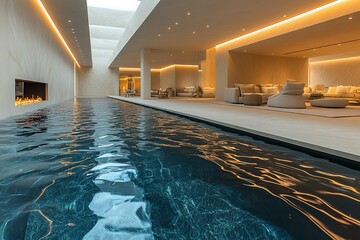 Indoor Pool & Lounge: Serene waters meet modern comfort in this beautifully lit open space Relax by the poolside!