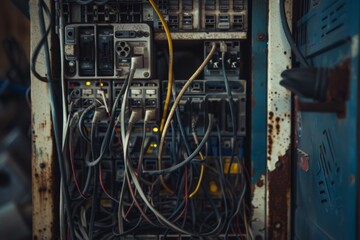 The electrical wires in the phone line box look messy. Neural network ai generated