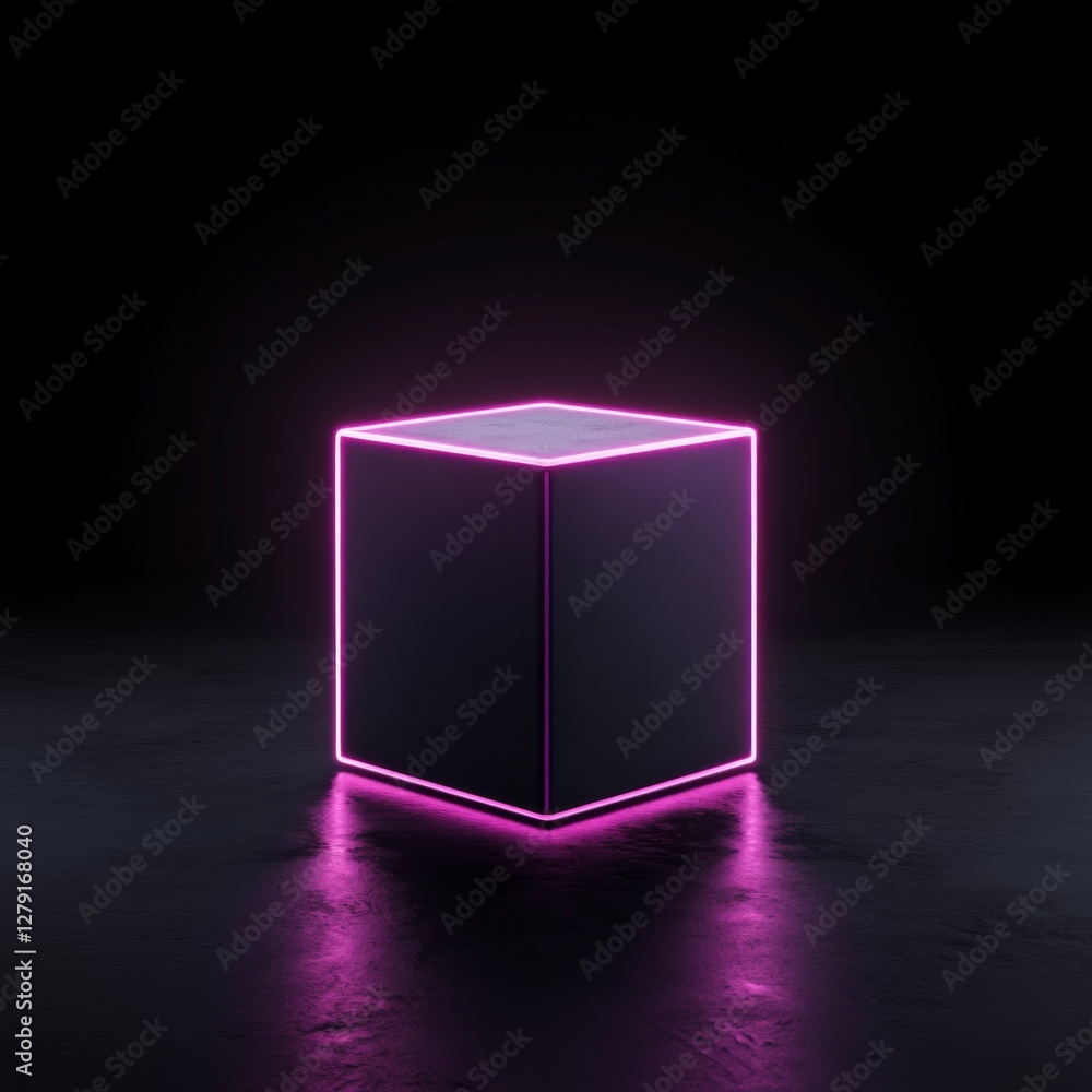 Poster glowing neon cube with bright edges in a dark setting and modern design