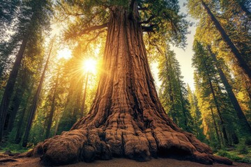 Majestic giant sequoia tree bathed in golden sunlight, surrounded by towering redwood trees in a lush forest.