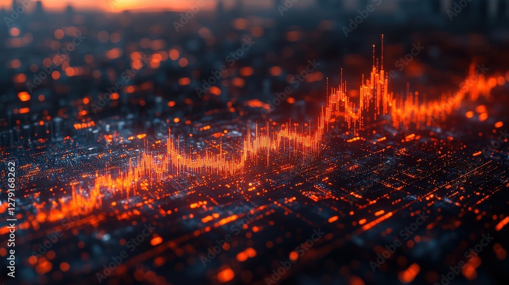 Poster abstract visualization of data trends with glowing orange lines over a dark cityscape backdrop