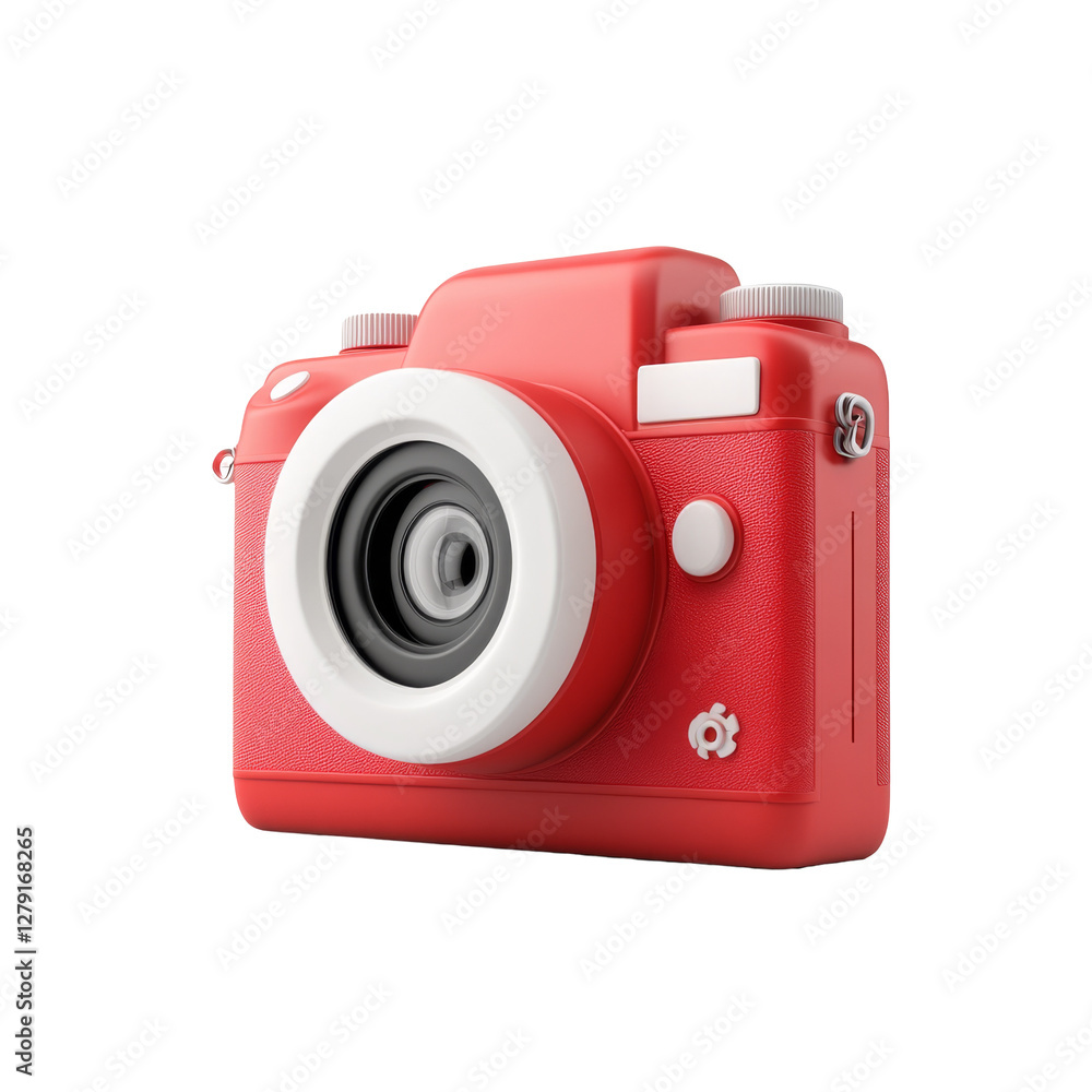 Poster brightly colored digital camera with large circular lens and simple control buttons