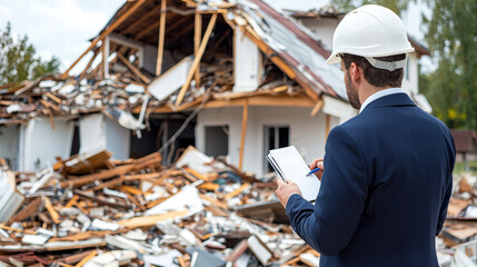 Comprehensive property insurance with damage assessment, man in suit and helmet assessing house damage