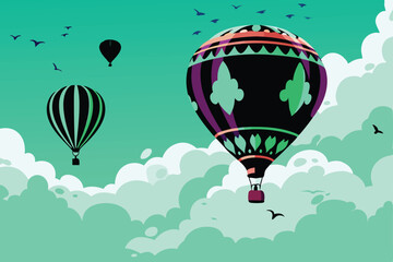 Obraz premium Whimsical illustration of colorful hot air balloons soaring amongst fluffy clouds and playful birds. Detailed, vibrant, fantasy art style.