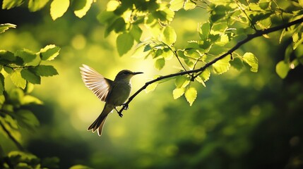 Fototapeta premium Bird taking flight on a branch, surrounded by green leaves.