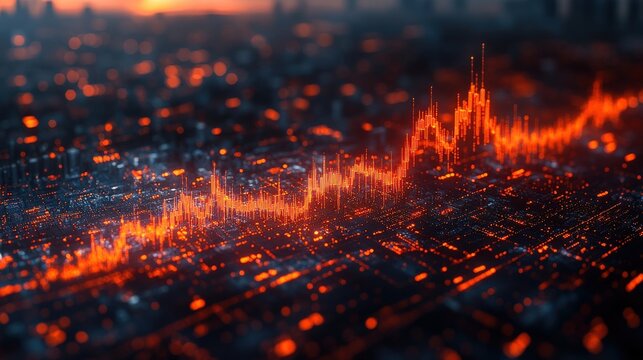 Abstract visualization of data trends with glowing orange lines over a dark cityscape backdrop - Powered by Adobe