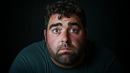 Obraz premium Close-up portrait of a pensive man against a dark background. His expression is a mix of contemplation and slight concern.