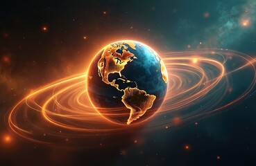 Dynamic digital artwork of Earth with energy streams. Futuristic world visualisation, glow effect, abstract tech design. Perfect for innovation, environment themes, cosmic energy, science projects,