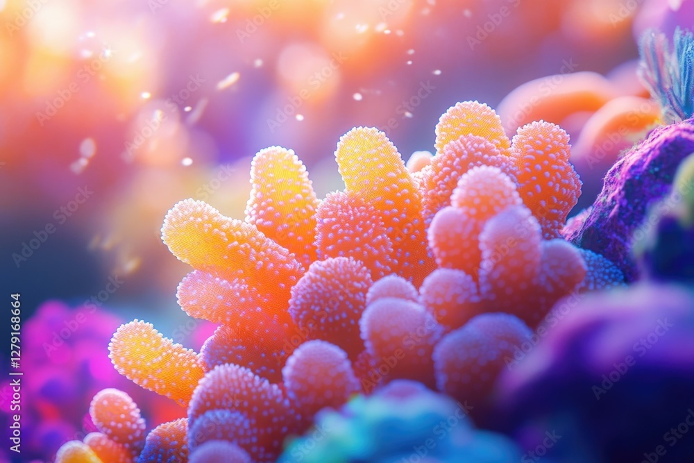 Poster vibrant coral reef showcasing a stunning array of colors and textures under the ocean's sunlight.