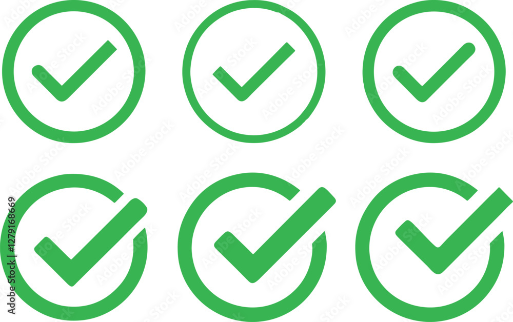 Poster collection of green checkbox icon isolated on white background