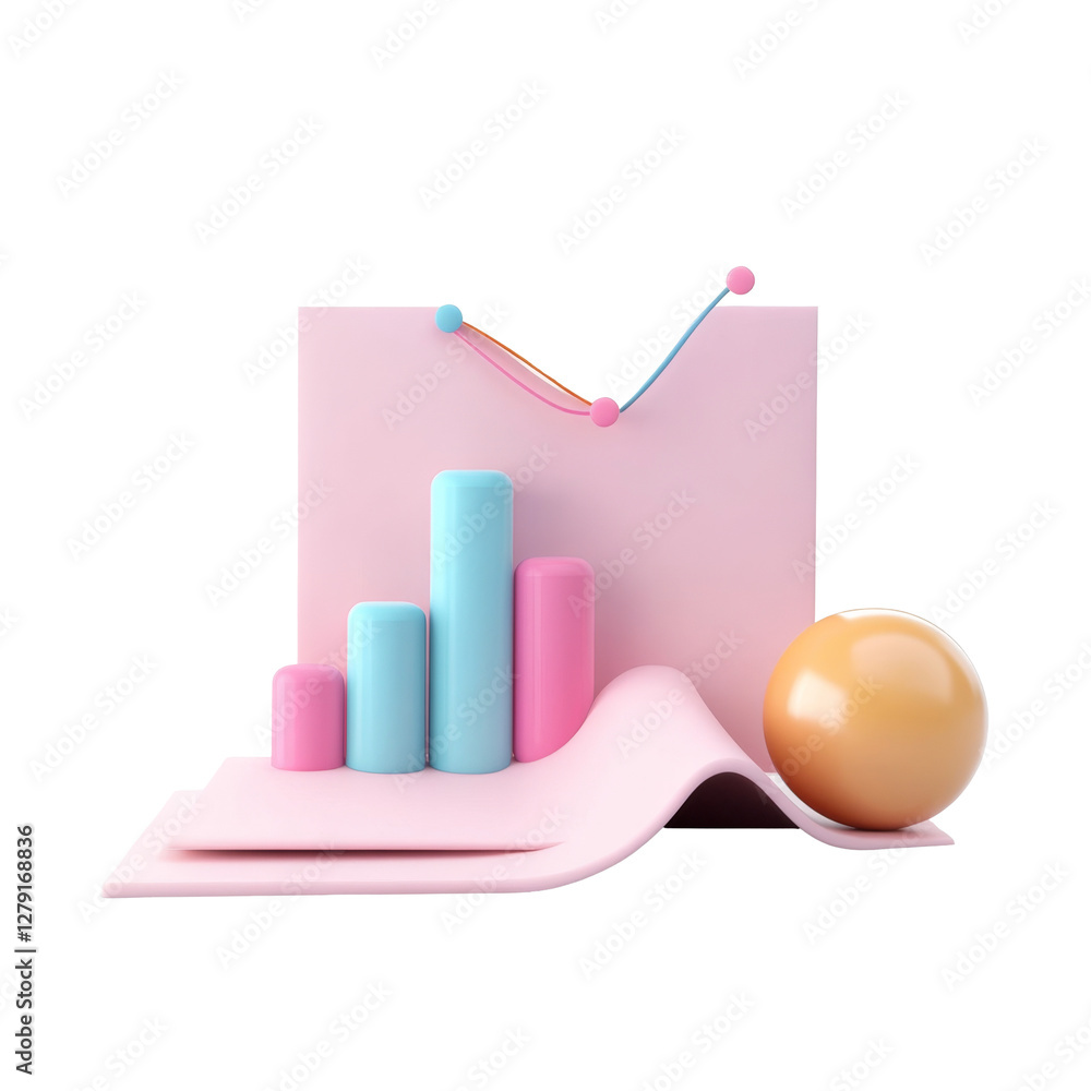 Poster pink and blue 3d bar chart with sphere and curved line elements creating business concept