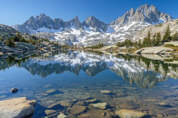 Naklejka premium Crystal-clear alpine lake reflecting snow-capped peaks, a serene mountain landscape.