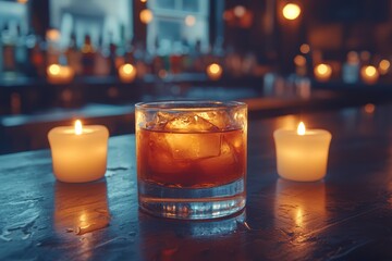 Intimate cocktail gathering upscale bar whiskey glass focus dimly lit atmosphere close-up shot mood enhancement