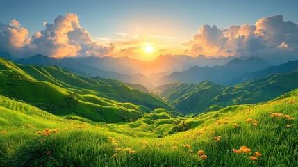 Sunlit Green Rice Terraces and Mountains at Sunset