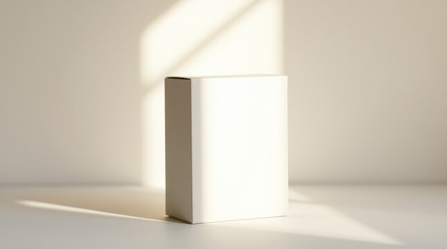 Minimalist: White box on a white surface with a natural light highlight on the wall behind it.