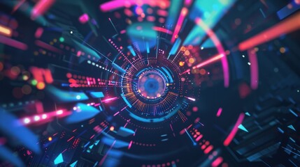 Colorful digital tunnel with glowing lines and geometric patterns