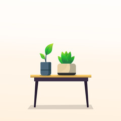 A wooden table illustration design with some houseplants on a table. Green color indoor plant design vector with a table. Living room table with some natural tree. 