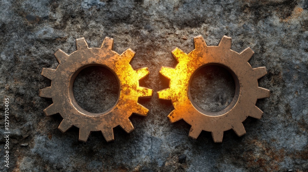 Aufkleber close-up of two interlocking rusty gears with glowing edges on a textured metal surface