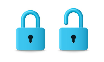 Closed and open blue padlock isolated on white background, vector illustration. Security and protection.
