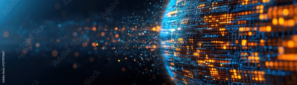 Poster a vibrant visualization of data flow featuring blue and orange particles, suggesting a dynamic digit