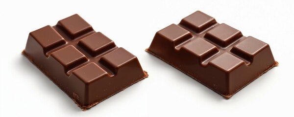 Fototapeta premium Two chocolate bars isolated on white background. Milk chocolate dessert, cocoa ingredient, sugar snack. Brown sweet blocks, cutout piece. Delicious tasty closeup. Candy food concept. Suitable for