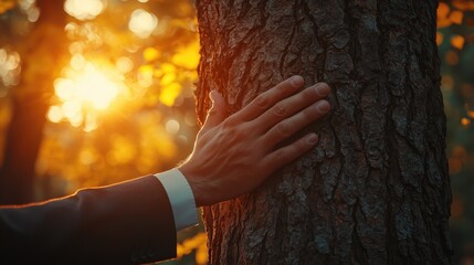 Hand of businessman touching bark of tree, Green natural background. Concept of people love nature and protect from deforestation or pollution or climate change, generative ai
