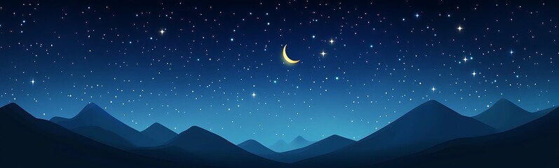 Obraz premium Dreamy cartoon night sky featuring glowing stars and a crescent moon in a whimsical scene.