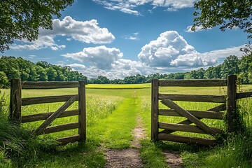 Rustic Wooden Gate Opens to a Lush Green Field Under a Cloudy Sky