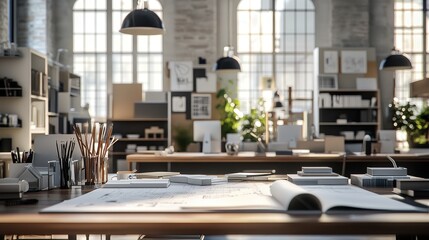 Modern Architect's Workspace: Sunlight Streaming Through Large Windows Illuminates a Desk Filled with Architectural Plans and Design Tools