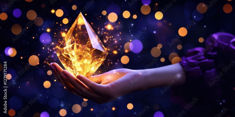 Poster a glowing crystal is held in a hand, surrounded by shimmering lights against a dark background, crea