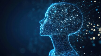 Quantum Computing Algorithms Digital silhouette of a human head composed of glowing particles and connections against a dark background.