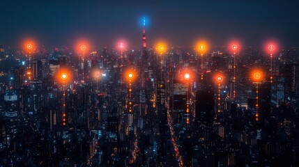 Fototapeta premium Night cityscape illuminated, showcasing interconnectedness via glowing digital nodes, representing global network & smart city technology.