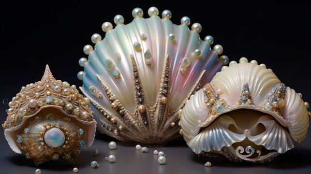 Many different sea shells on black background. Neural network ai generated