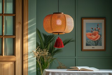 Woven pendant light with red tassel illuminating a cozy room offering a warm and inviting ambiance