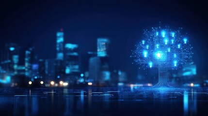 A futuristic cityscape with a glowing digital tree symbolizes the intersection of technology and nature in a vibrant blue ambiance.