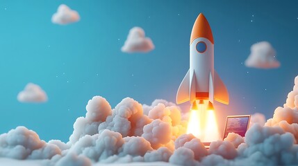 Rocket Launching from Laptop Keyboard, A red and white rocket launching from a laptop keyboard, symbolizing technology and innovation