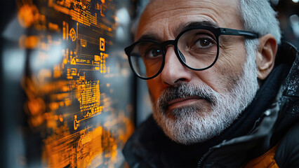 Man with glasses observing futuristic digital interface technology. Modern Technologies. AI in everyday life concepts.