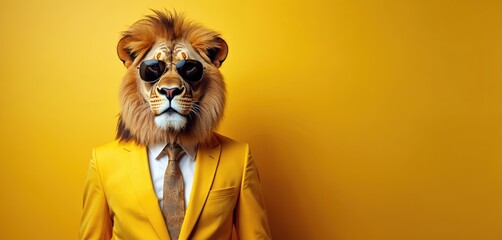 Furry lion head in yellow business suit, sunglasses against yellow background. Mammal predator portrays boss, chief with confident facial expression, concept leadership, power, authority, management.