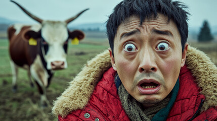 A man with a shocked expression stands in a field with a cow in the background. Concept of surprise or fear. For humorous content.