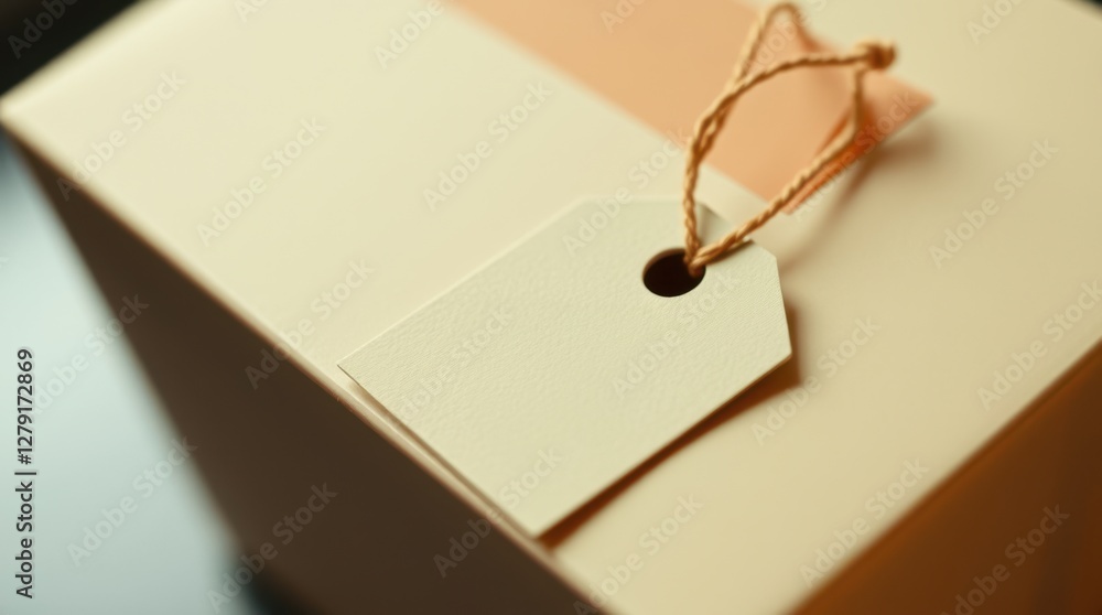 Poster close-up of a gift box in neutral tones, adorned with a simple tag and string, suggesting a thoughtf