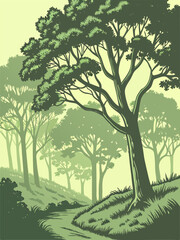 Elegant tree silhouettes with dense greenery in stylish vector design