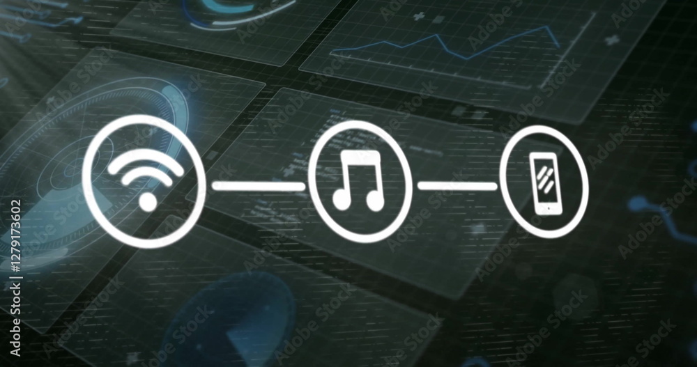 Aufkleber image of media icons and shapes over data processing